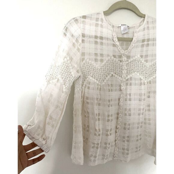 Esley Cream Cotton Lace Sheer 3/4 Sleeve Feminine Summer Pullover Top Blouse L - Picture 3 of 9